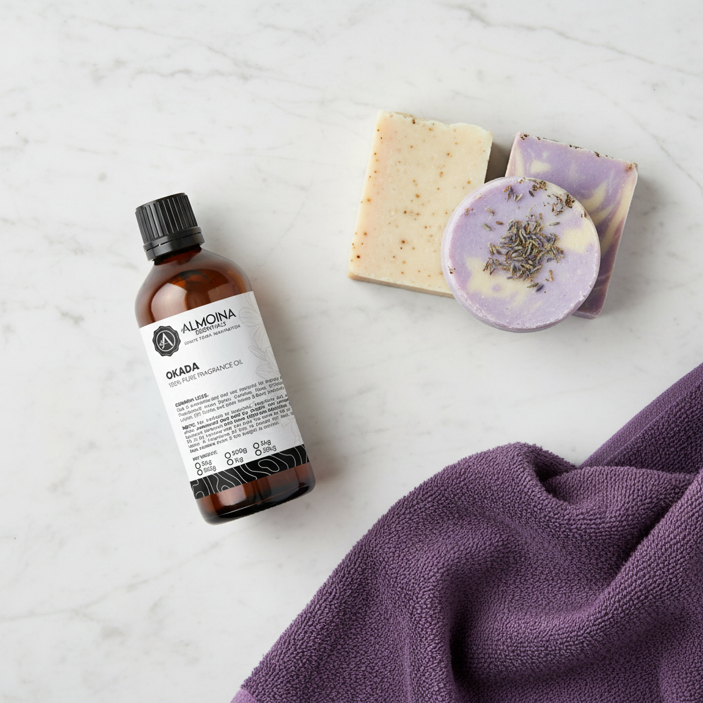 Okada Fragrance Oil Tilted with Handmade Soaps and Purple Towel