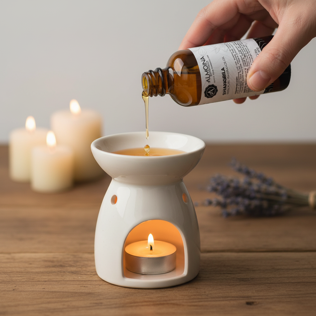 Pouring Shangrila Fragrance Oil into Candle Burner